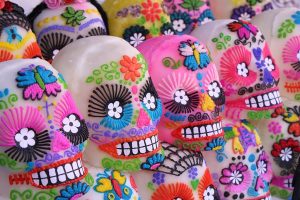 colorfully decorated sugar skulls displayed for the day of the dead