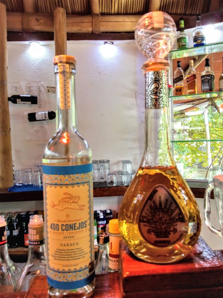 Two bottles of mezcal displayed on a bar top. 