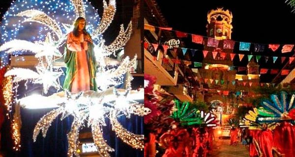 a parade float of the virgin of guadalupe and the parade route leading to the church