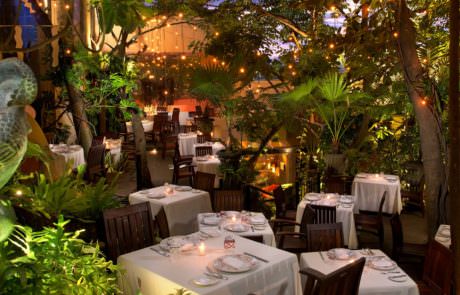 Dining tables in a garden at restaurant Cafe des Artistes in Puerto Vallart