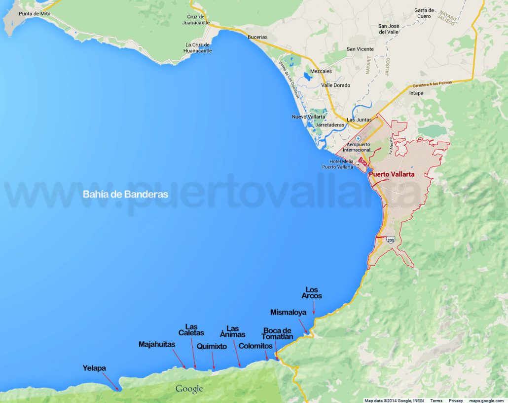 map of Bay of Banderas showing south shore beaches