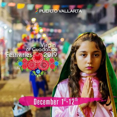 little girl dressed in traditional costume of the virgin of guadalupe