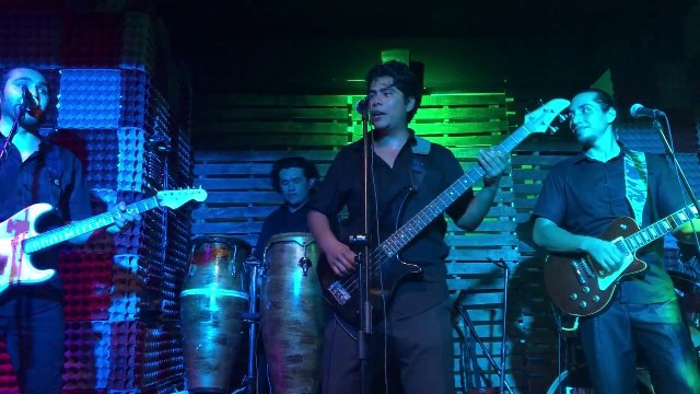 Latin rock musicians, the Bambinos performing on stage in Puerto Vallarta. 