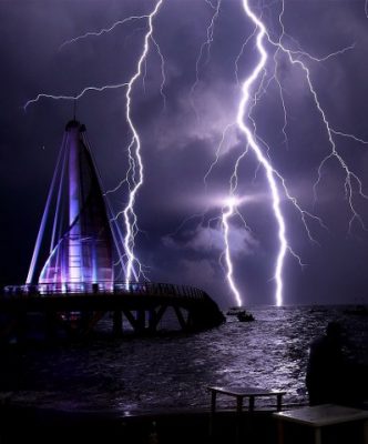 Lightning strikes off the municipal pier in Puerto Vallarta. 